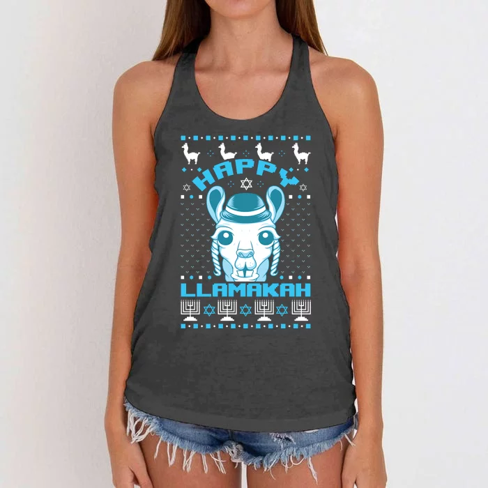 Happy Llamakah Jewish Llama Hanukkah Ugly Christmas Sweater Women's Knotted Racerback Tank