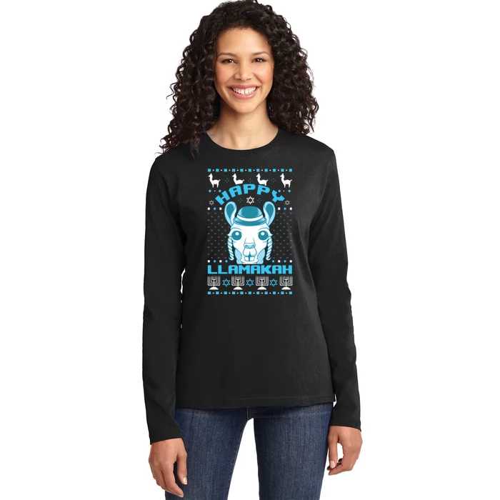 Happy Llamakah Jewish Llama Hanukkah Ugly Christmas Sweater Ladies Long Sleeve Shirt