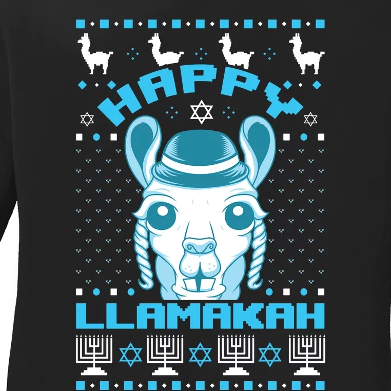 Happy Llamakah Jewish Llama Hanukkah Ugly Christmas Sweater Ladies Long Sleeve Shirt