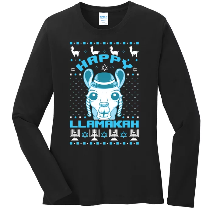 Happy Llamakah Jewish Llama Hanukkah Ugly Christmas Sweater Ladies Long Sleeve Shirt