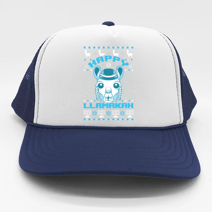 Happy Llamakah Jewish Llama Hanukkah Ugly Christmas Sweater Trucker Hat