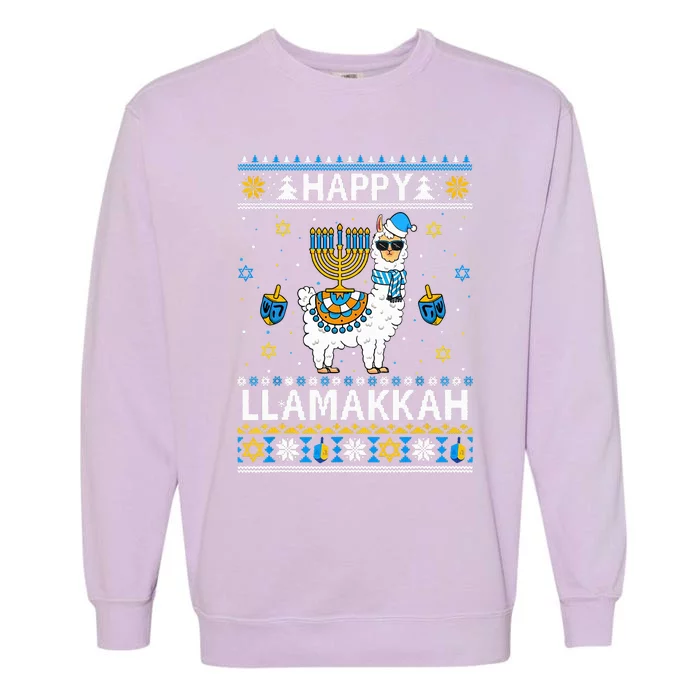 Happy Llamakkah Llama Alpaca Hanukkah Ugly Sweater Chanukah Garment-Dyed Sweatshirt