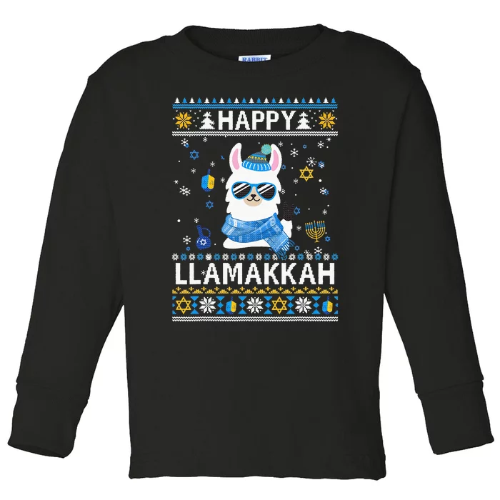 Happy Llamakkah Llama Ugly Hanukkah Ugly Sweater Toddler Long Sleeve Shirt