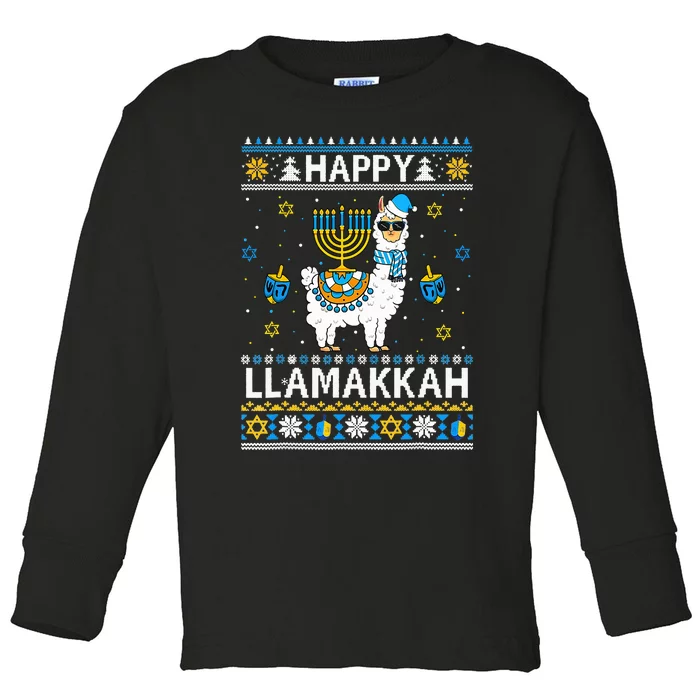 Happy Llamakkah Llama Alpaca Hanukkah Ugly Sweater Chanukah Toddler Long Sleeve Shirt