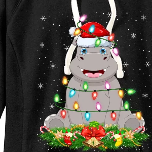 Hippo Lover Lighting Xmas Santa Hippopotamus Christmas Gift Women's Fleece Hoodie