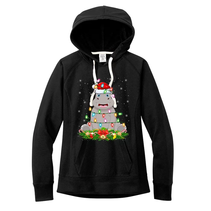 Hippo Lover Lighting Xmas Santa Hippopotamus Christmas Gift Women's Fleece Hoodie