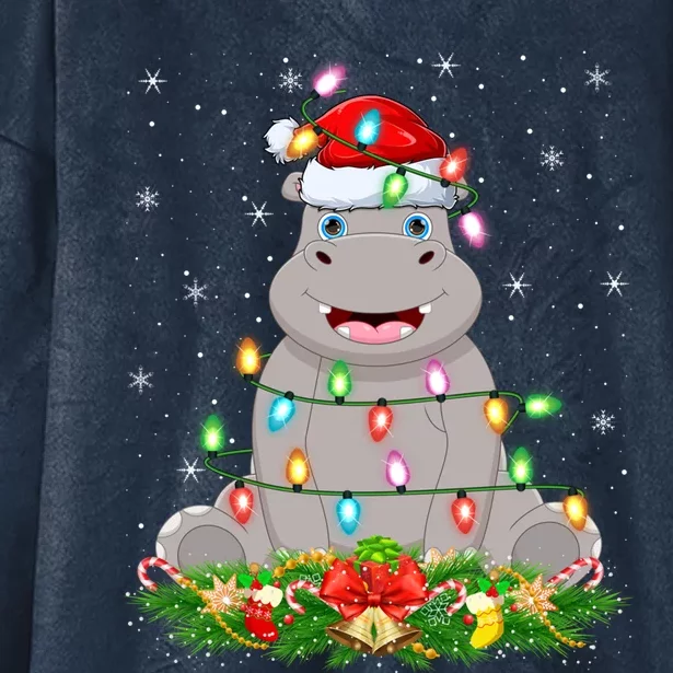 Hippo Lover Lighting Xmas Santa Hippopotamus Christmas Gift Hooded Wearable Blanket