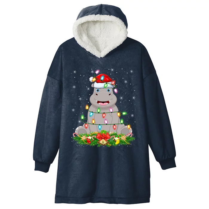 Hippo Lover Lighting Xmas Santa Hippopotamus Christmas Gift Hooded Wearable Blanket