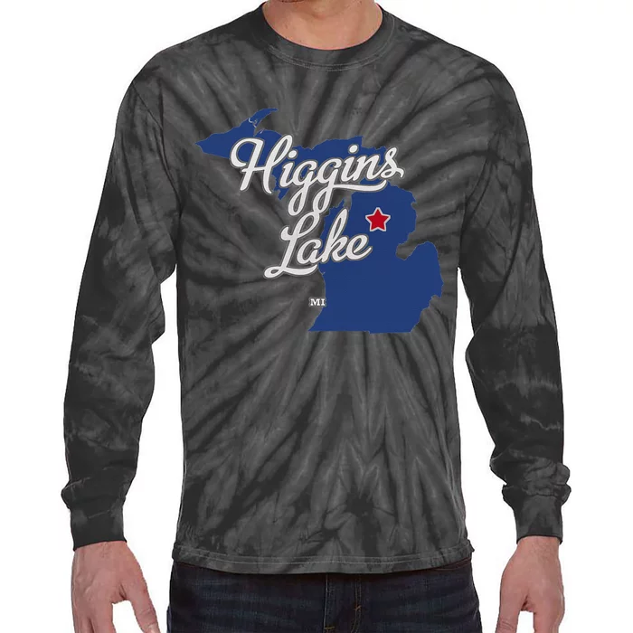 Higgins Lake Michigan MI Map Tie-Dye Long Sleeve Shirt