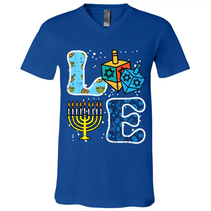 Hanukkah Love Menorah Dreidel Chanukah Jewish V-Neck T-Shirt