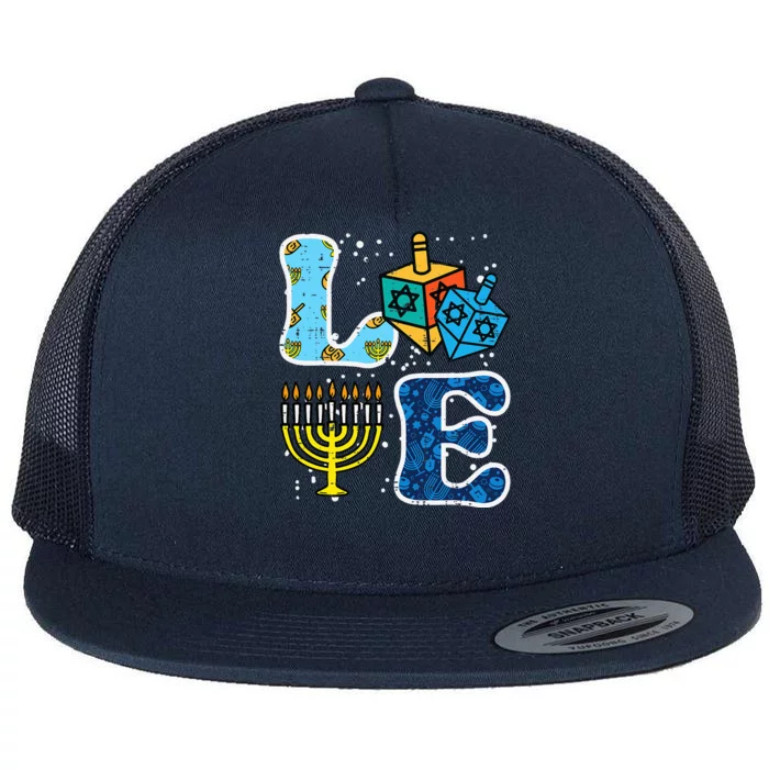 Hanukkah Love Menorah Dreidel Chanukah Jewish Flat Bill Trucker Hat