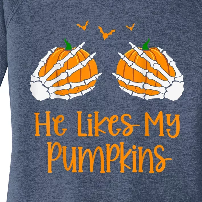 He Likes My Pumpkins Matching Couples Pumpkin Halloween Women's Perfect Tri Tunic Long Sleeve Shirt