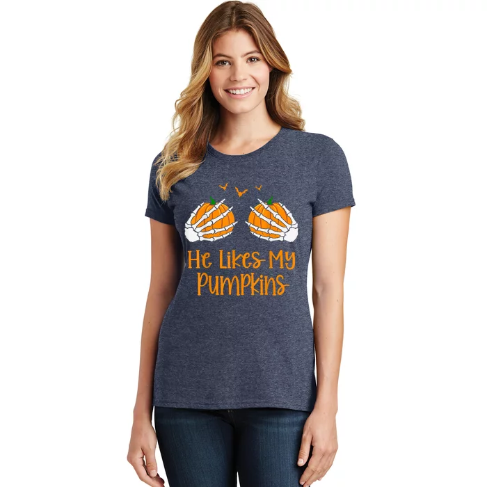 He Likes My Pumpkins Matching Couples Pumpkin Halloween Women's T-Shirt