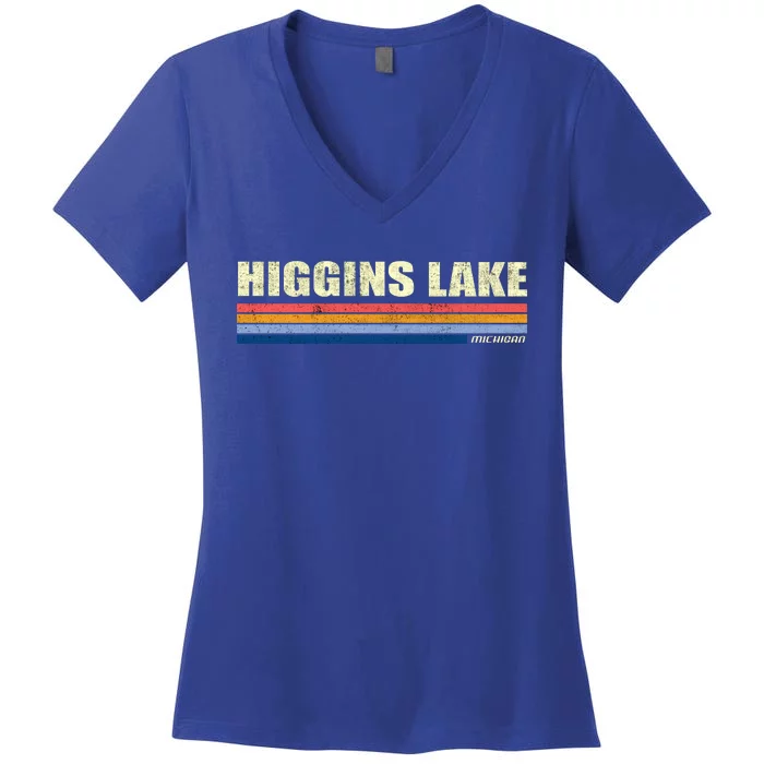 Higgins Lake Michigan Retro Style 1980's Logo Women's V-Neck T-Shirt