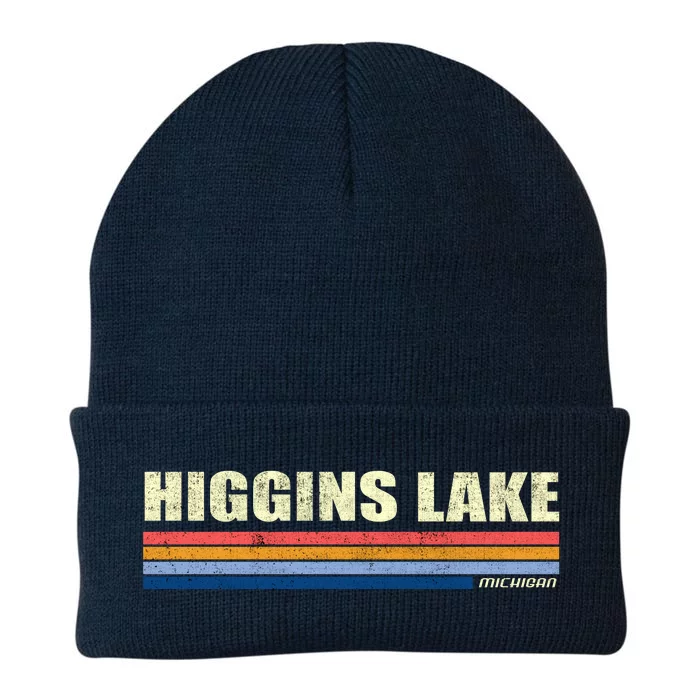 Higgins Lake Michigan Retro Style 1980's Logo Knit Cap Winter Beanie