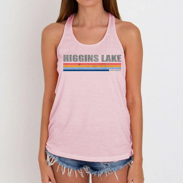 Higgins Lake Michigan Retro Style 1980's Logo Women's Knotted Racerback Tank