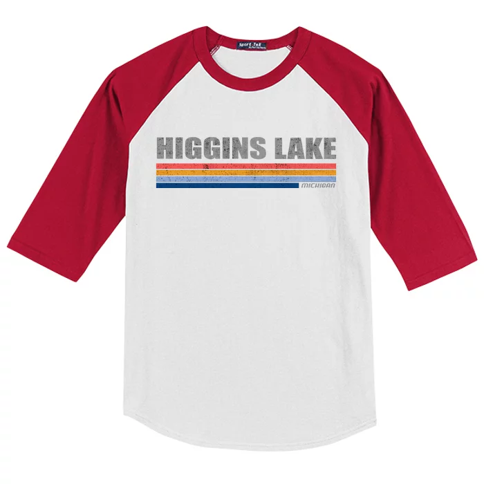 Higgins Lake Michigan Retro Style 1980's Logo Kids Colorblock Raglan Jersey