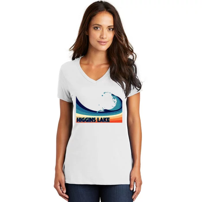 Higgins Lake Michigan Retro Boating Sailing & Fishing Women's V-Neck T-Shirt