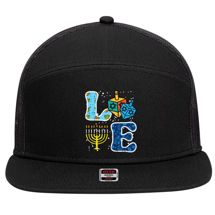 Hanukkah Love Menorah Dreidel Chanukah Jewish 7 Panel Mesh Trucker Snapback Hat