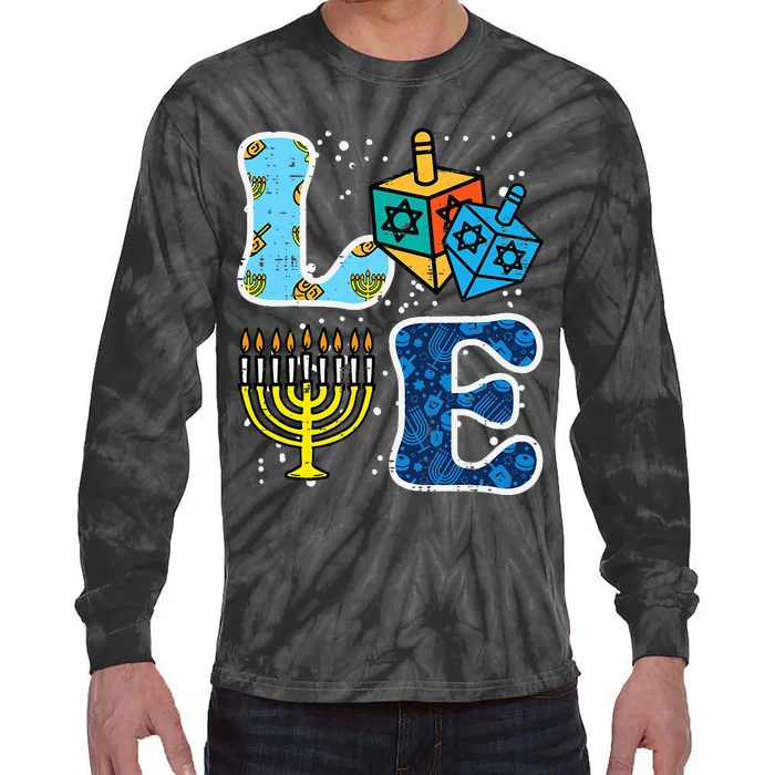 Hanukkah Love Menorah Dreidel Chanukah Jewish Tie-Dye Long Sleeve Shirt