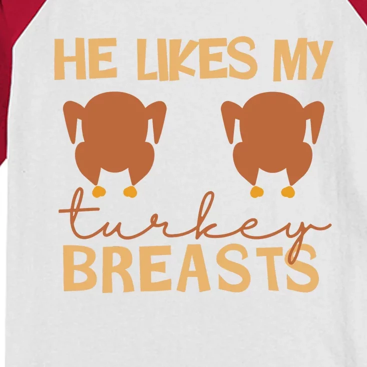 He Likes My Turkey Breasts Couple Matching Thanksgiving Kids Colorblock Raglan Jersey