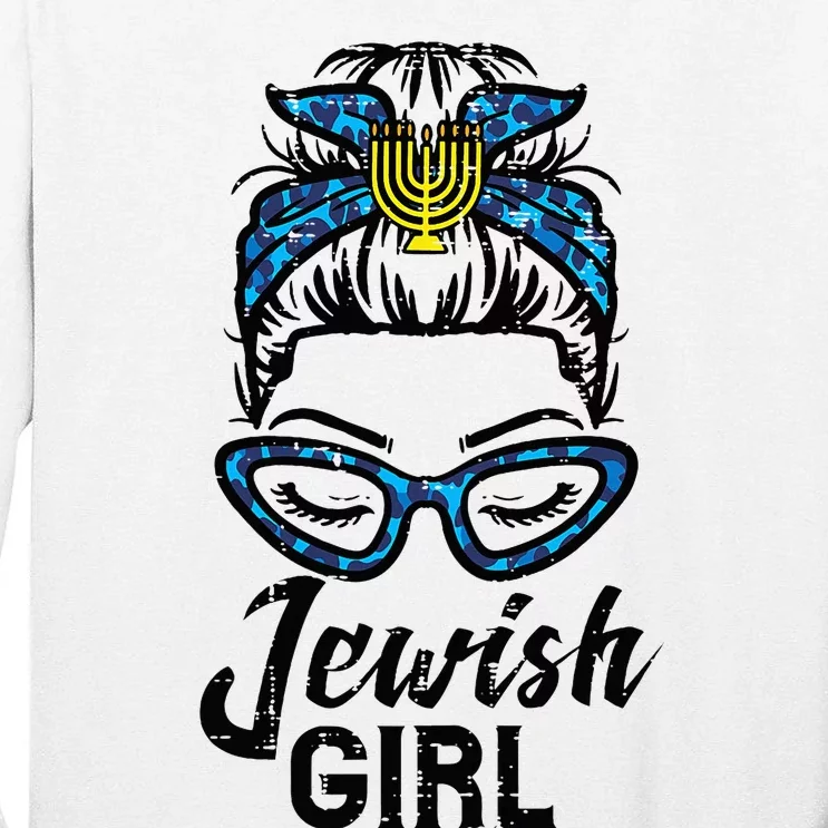 Hanukkah Leopard Messy Bun Jewish Girl Chanukah Tall Long Sleeve T-Shirt