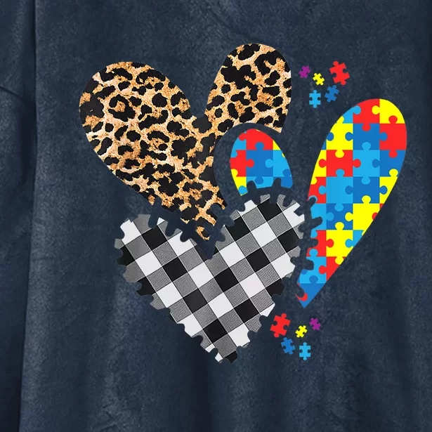 Hearts Leopard Plaid Buffalo Heart Puzzle Piece Autism Child Hooded Wearable Blanket