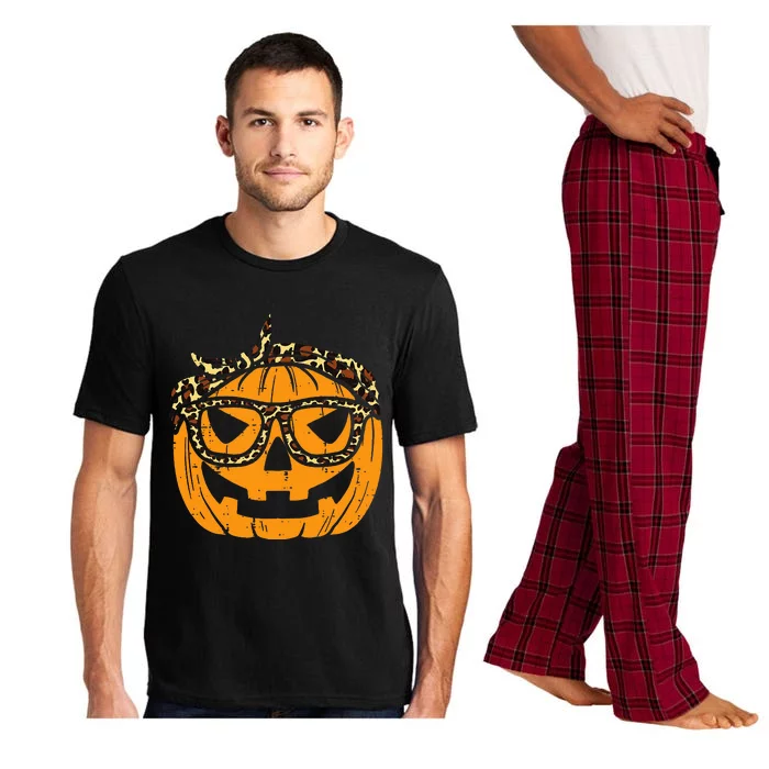 Halloween Leopard Print Bandana Adorable Pumpkin Design Pajama Set