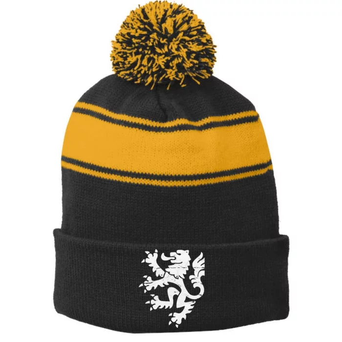 Holland Lion Retro Style Stripe Pom Pom Beanie