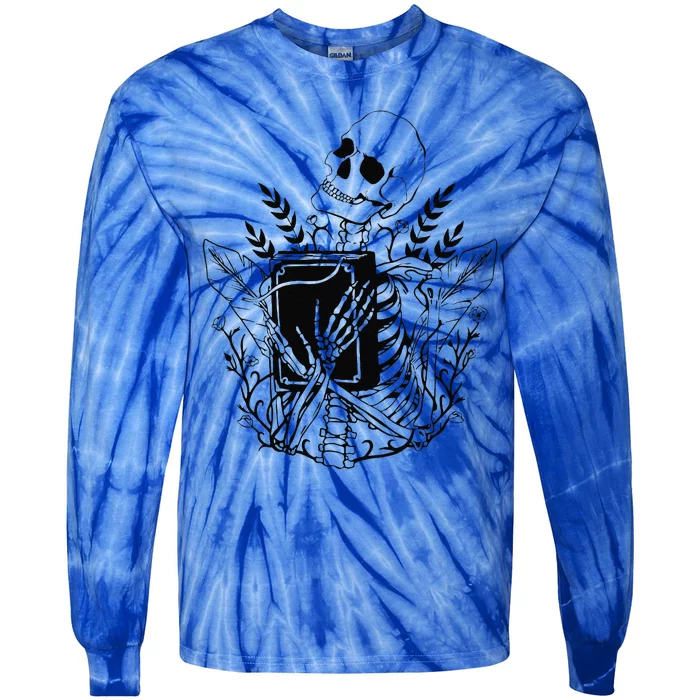 Halloween Librarian Skeleton With Book For Book Lover Tie-Dye Long Sleeve Shirt