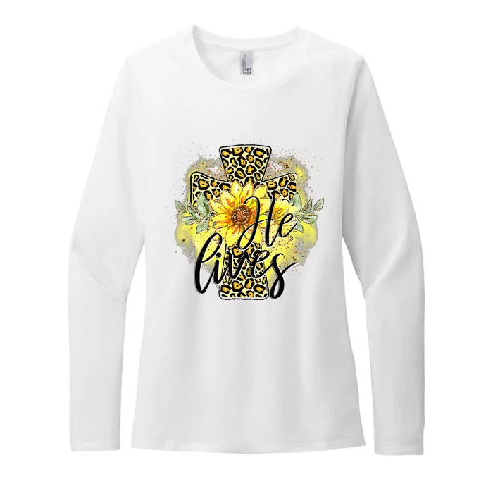 He Lives Sunflowers Faith Jesus Cross Christian Easter Day Womens CVC Long Sleeve Shirt