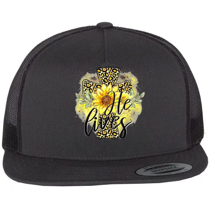 He Lives Sunflowers Faith Jesus Cross Christian Flat Bill Trucker Hat