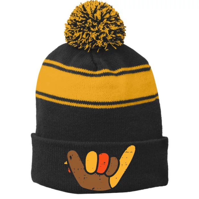 Hang Loose Thanksgiving Day Cool Shaka Sign Fall Autumn Stripe Pom Pom Beanie