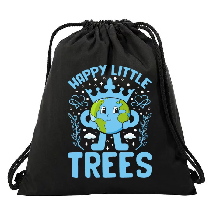 Happy Little Trees Earth Day Celebration Drawstring Bag