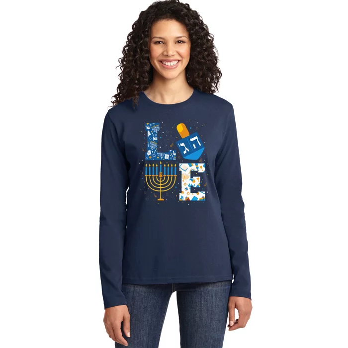 Hanukkah love with menorah for jewish christmas holiday Ladies Long Sleeve Shirt