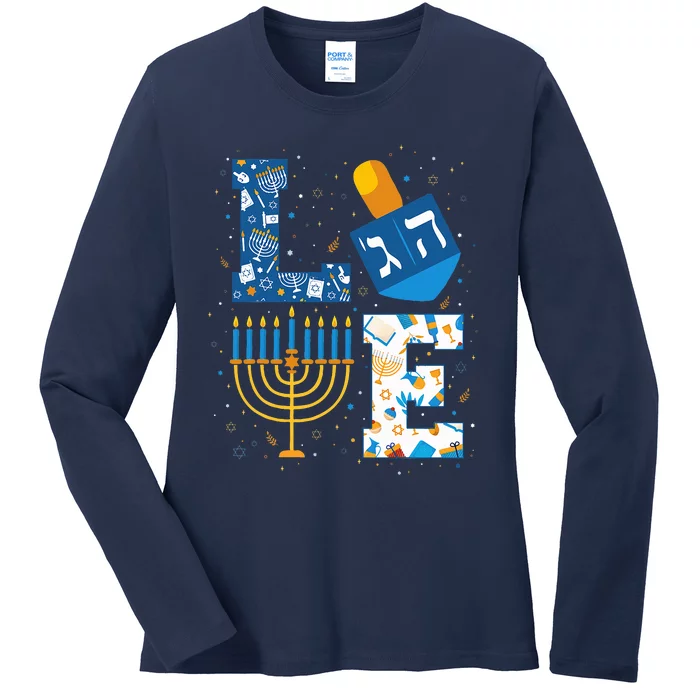 Hanukkah love with menorah for jewish christmas holiday Ladies Long Sleeve Shirt