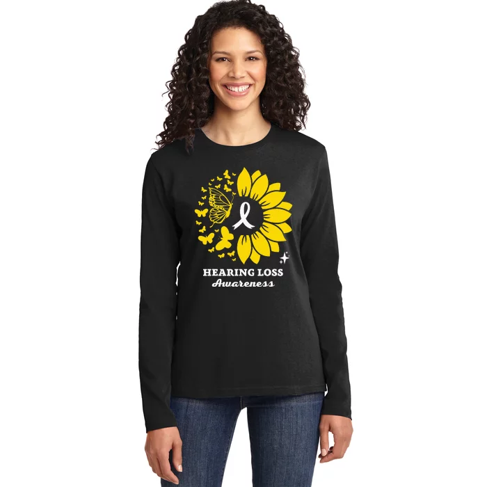 Hearing Loss Warrior Awareness Sunflower Ladies Long Sleeve Shirt