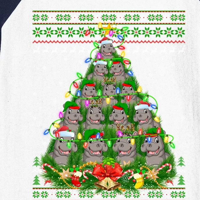 Hippo Lover Xmas Lights Ugly Hippopotamus Christmas Tree Cool Gift Baseball Sleeve Shirt