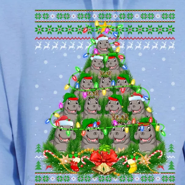 Hippo Lover Xmas Lights Ugly Hippopotamus Christmas Tree Cool Gift Unisex Surf Hoodie