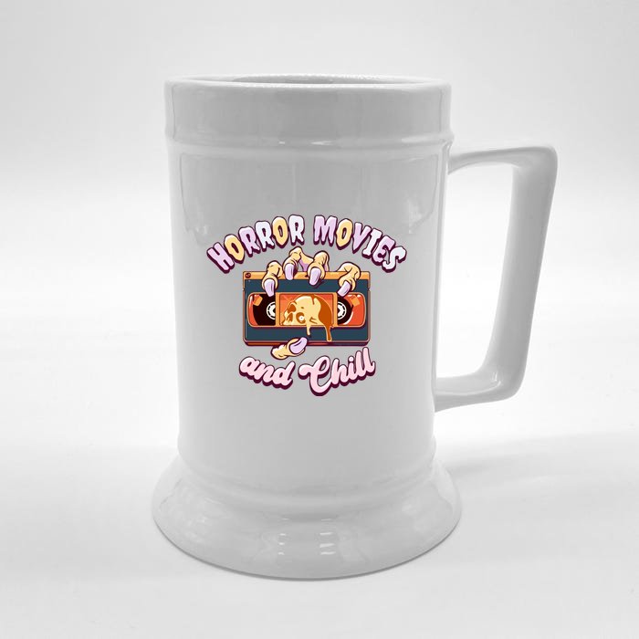 Horror Movies And Chill Retro Skull Zombie Hand For Halloween Gift Front & Back Beer Stein