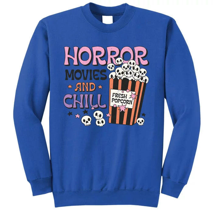 Horror Movies And Chill Skull Popcorn Retro Funny Halloween Gift Tall Sweatshirt