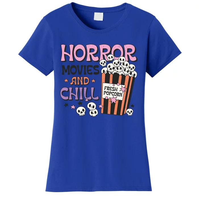 Horror Movies And Chill Skull Popcorn Retro Funny Halloween Gift Women's T-Shirt