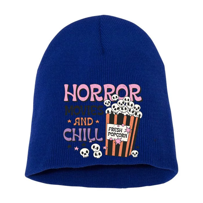 Horror Movies And Chill Skull Popcorn Retro Funny Halloween Gift Short Acrylic Beanie