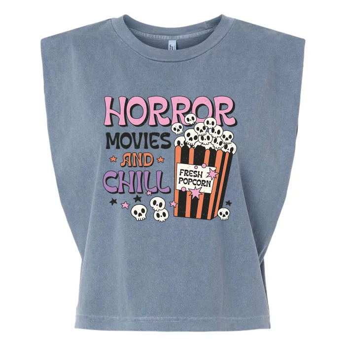 Horror Movies And Chill Skull Popcorn Retro Funny Halloween Gift Garment-Dyed Women's Muscle Tee