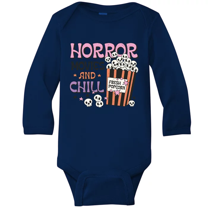 Horror Movies And Chill Skull Popcorn Retro Funny Halloween Gift Baby Long Sleeve Bodysuit