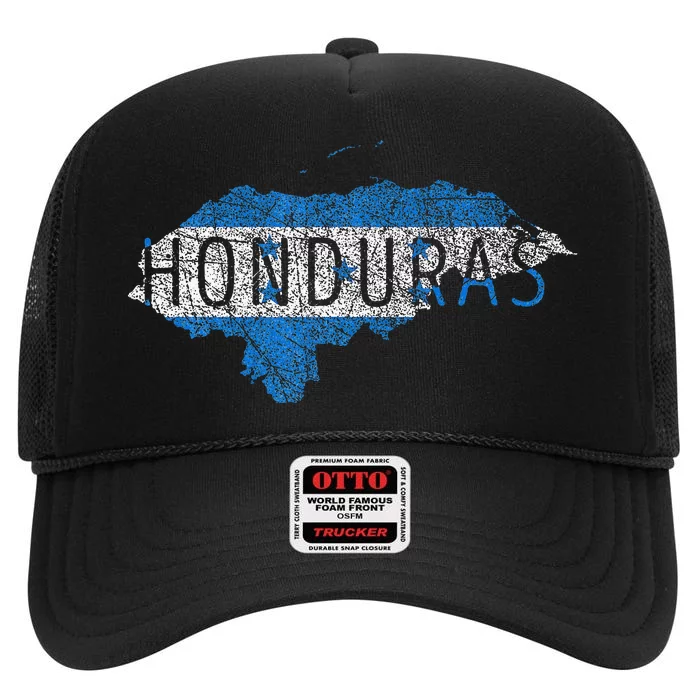 Honduran Map And Flag Souvenir Distressed Honduras High Crown Mesh Trucker Hat