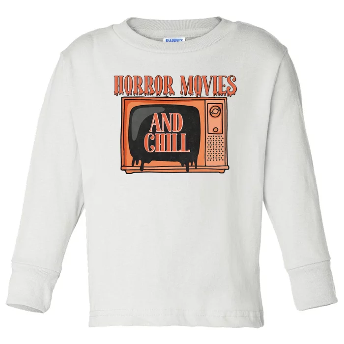 Horror Movies And Chill Funny Halloween Spooky Vibes Retro Toddler Long Sleeve Shirt