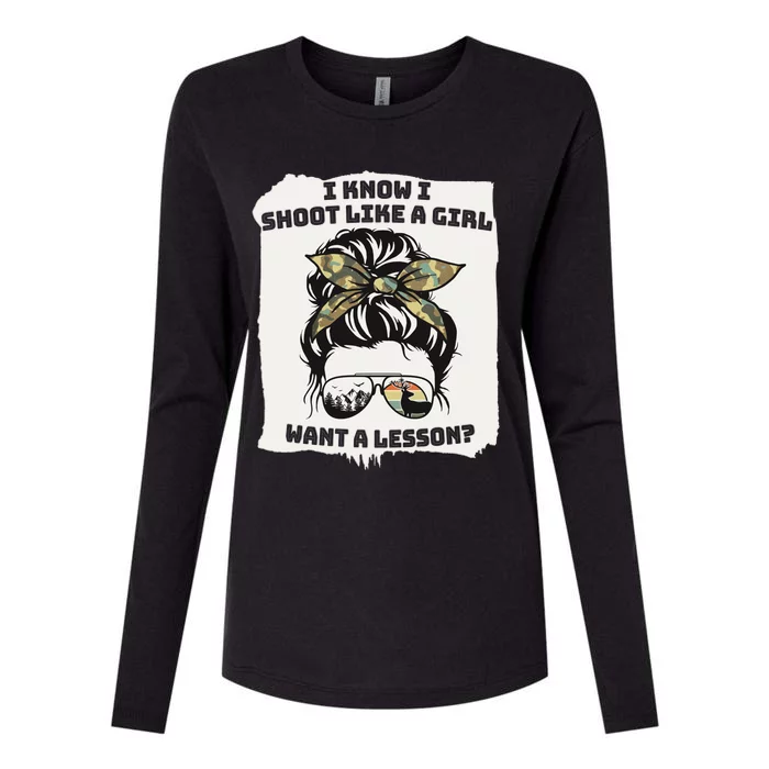 Hunting Messy Bun Shoot Like A Want A Lesson Gift Womens Cotton Relaxed Long Sleeve T-Shirt