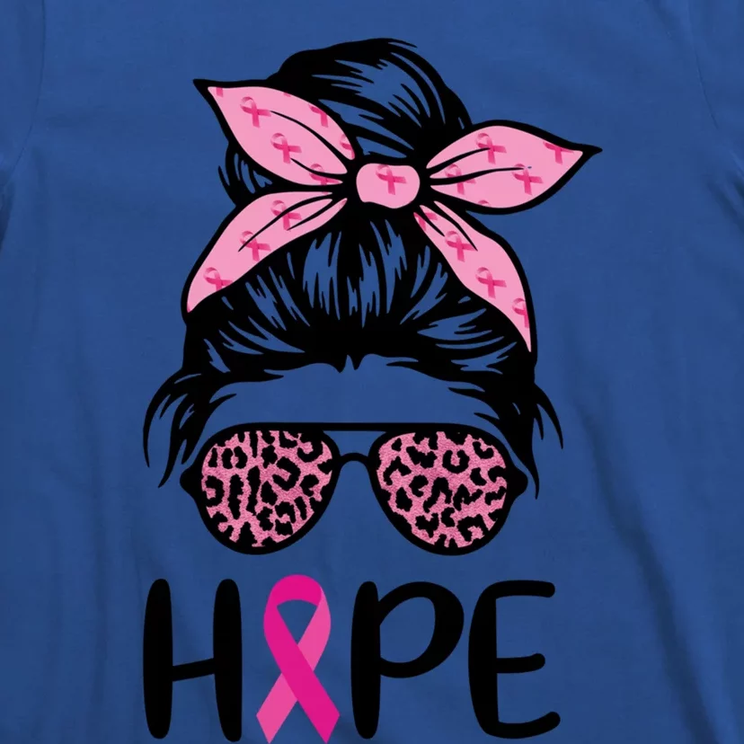 Hope Messy Bun Leopard Pink Ribbon Breast Cancer Awareness Great Gift T-Shirt