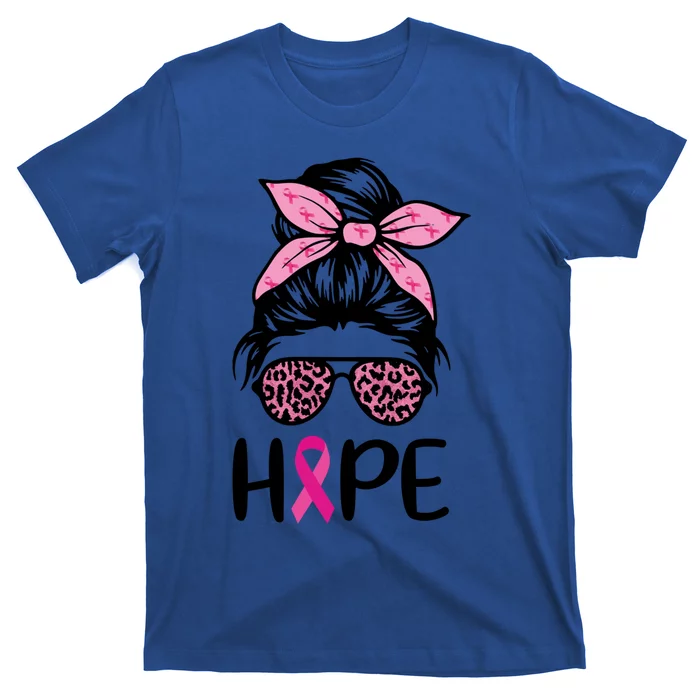 Hope Messy Bun Leopard Pink Ribbon Breast Cancer Awareness Great Gift T-Shirt